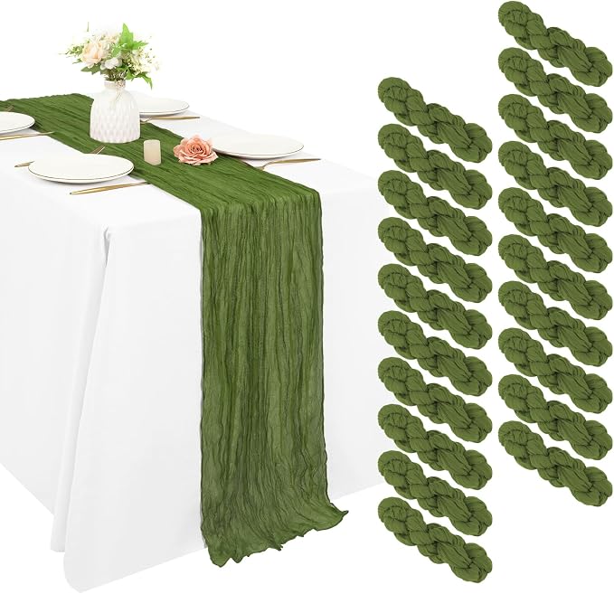 20 Pack Cheesecloth Table Runner 17 x 108 inch Long Boho Gauze Table Runners Semi Sheer Table Runner for Wedding Decor, Baby Shower, Birthday Party, Banquet (Olive Green)