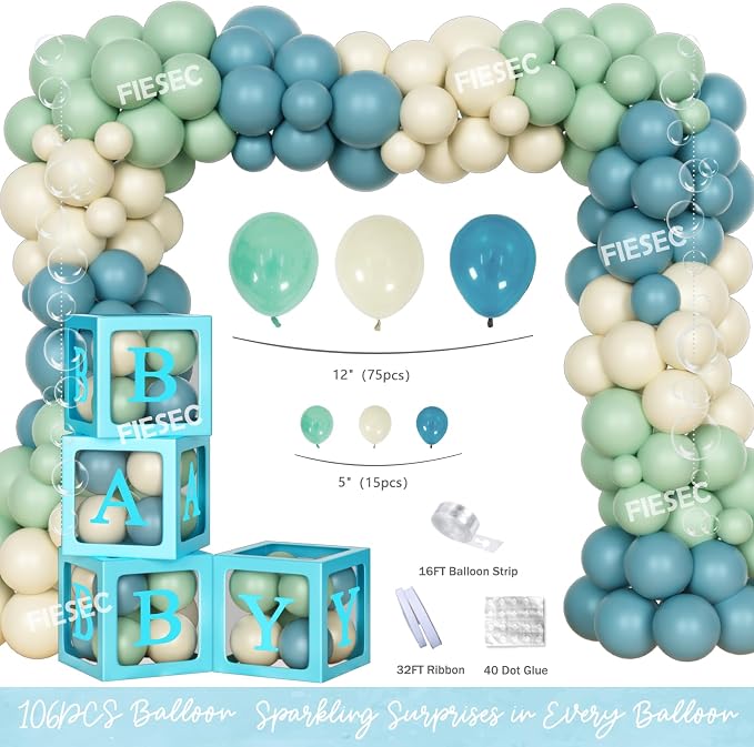Under The Sea Baby Shower Decorations – 121Pcs Ocean Theme Party Supplies with Underwater Party Decor Backdrop, Blue Green Balloon Garland, Banner, Fringe Curtain, Boxes