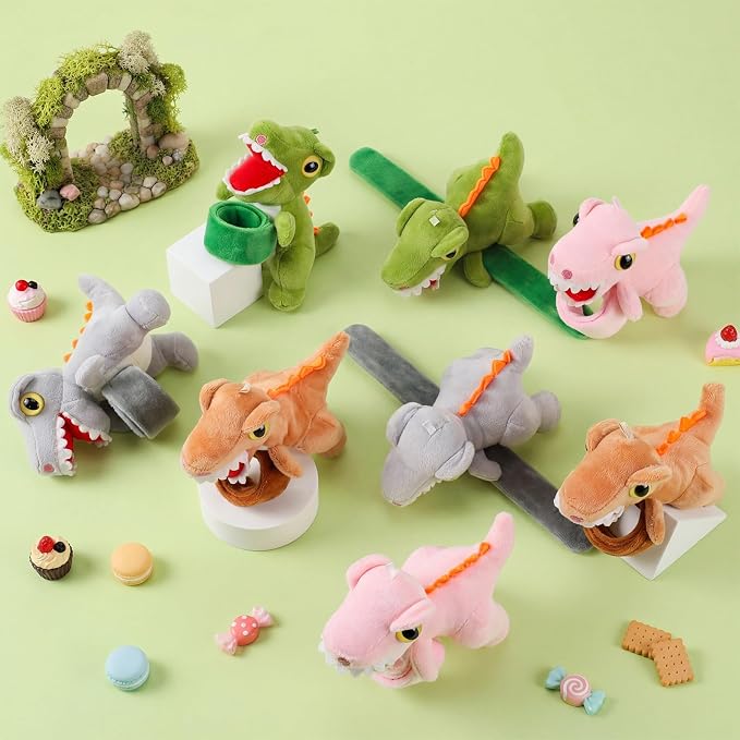 Lenwen 8 Pcs Stuffed Dinosaur Animals Slap Bracelets for Kids 8.66 Inch Back to School Plush Animal Bracelets Adopt a Dinosaur Party Favors Wrist Slap Snap Band Toy for Boys Girls Birthday Gifts