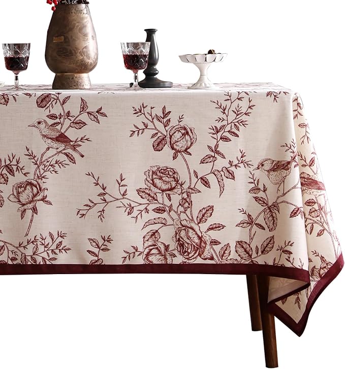 ISAENNE Designer French Linen Rectangular Tablecloth,71"x55"-Harmony | Vintage Elegant Table Cloth for Rectangle Table,Red Floral and Bird Pattern,Decor,Dining,Kitchen,Tea Party,Thanksgiving