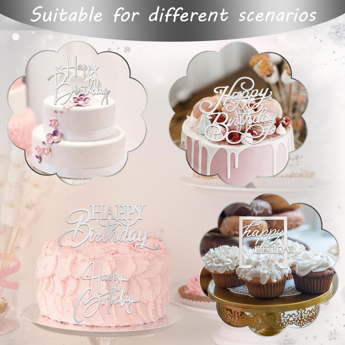 10 PCS Silver Happy Birthday Cake Topper Mirror Acrylic Cake Toppers Double-Sided Glitter Birthday Decorations for Girls Women's Party Supplies