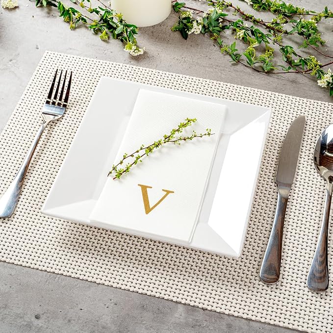 Luxenap 15.8 X 7.9 Inch Linen-Feel Guest Towels, 50 Lettered Hand Towels - Gold Letter 'V', Sans Serif Font, White Paper Dinner Napkins, airlaid, For Restrooms And Tables