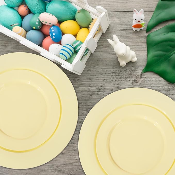 FLOWERCAT 200PCS Yellow Plastic Plates Disposable Plates for Party - Heavy Duty Plastic Plates - 100 10" Dinner Plates and 100 7" Salad Plates for Weddings, Easter Parties and Events