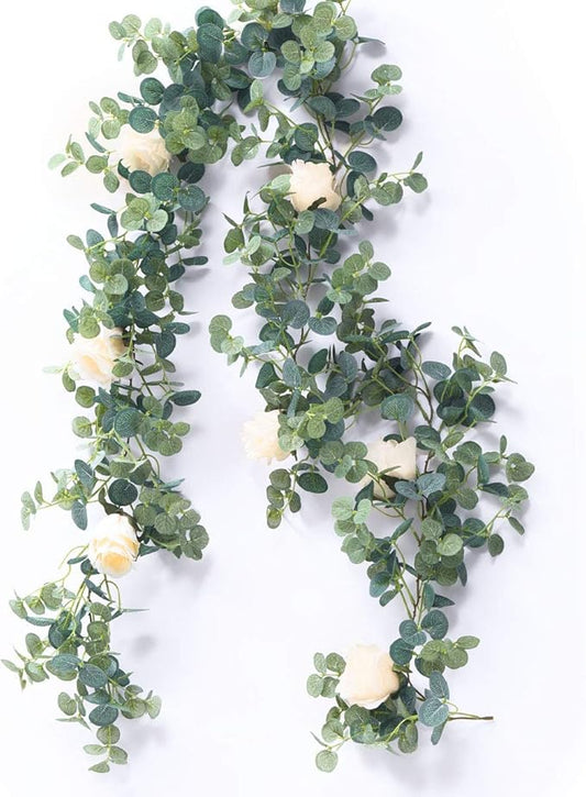 PARTY JOY 6.56ft Eucalyptus Garland with Flowers-8 Champagne Roses-Lush,Natural Looking, Floral Garland Greenery for Party Wedding Table Indoor Outdoor Backdrop Wall Decor（Champagne,1）