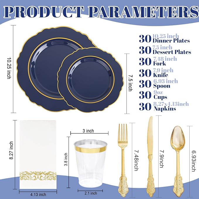 KIRE 210Pcs Navy Blue Plastic Plates - Blue and Gold Plates Disposable - 30guest Baroque Plastic Dinnerware for Upscale Wedding/Parties/Passover/Graduation