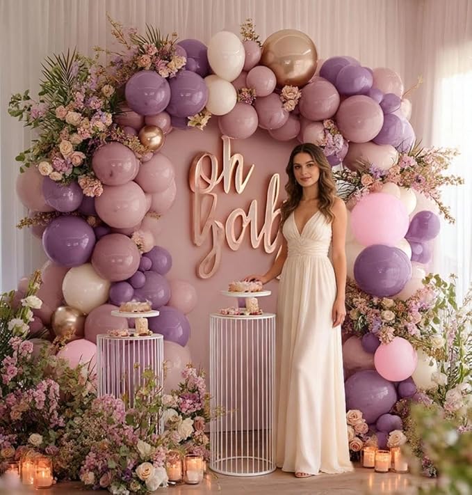 Dusty Purple Pink Balloon Garland Double Stuffed Boho Lavender Sand White Pastel Pink Lilac Gold Balloons Arch Kit for Wedding Birthday Bridal Baby Shower Floral Party Decoration