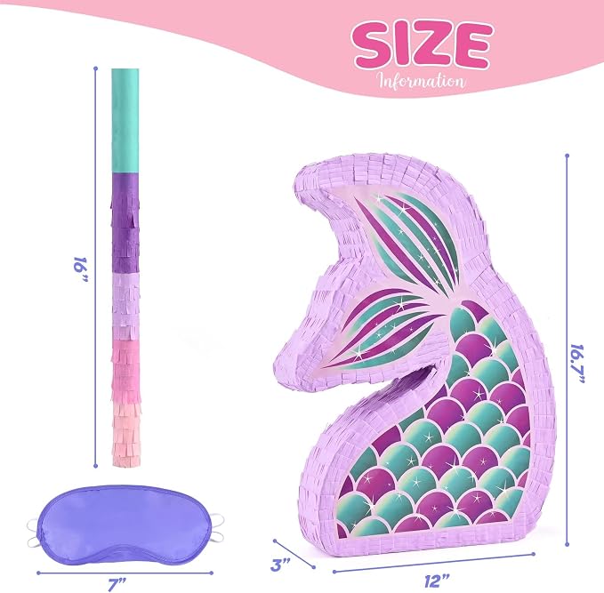 WERNNSAI Mermaid Piñata - Mermaid Party Supplies Piñata Bundle with Blindfold and Bat for Girls Kids Ocean Theme Birthday Party Game Carnival Activity Decorations (16.7" x 12.2" x 3.1")