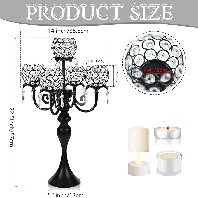 Set of 4 Crystal Tea Light Candle Holders - 22.5" Tall Metal & Crystal Centerpiece with Weighted Base for Birthday Valentine Dinner Table Decor- Matte Black