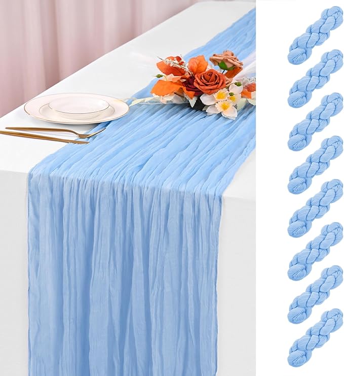 8 Pack Light Blue Cheesecloth Table Runner 120 Inch 10FT Spring Boho Rustic Sheer Gauze Cheese Cloth Table Runner for Wedding Baby Shower Birthday Party Table Decor