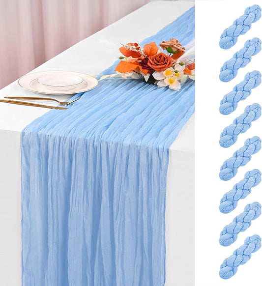 8 Pack Light Blue Cheesecloth Table Runner 120 Inch 10FT Spring Boho Rustic Sheer Gauze Cheese Cloth Table Runner for Wedding Baby Shower Birthday Party Table Decor