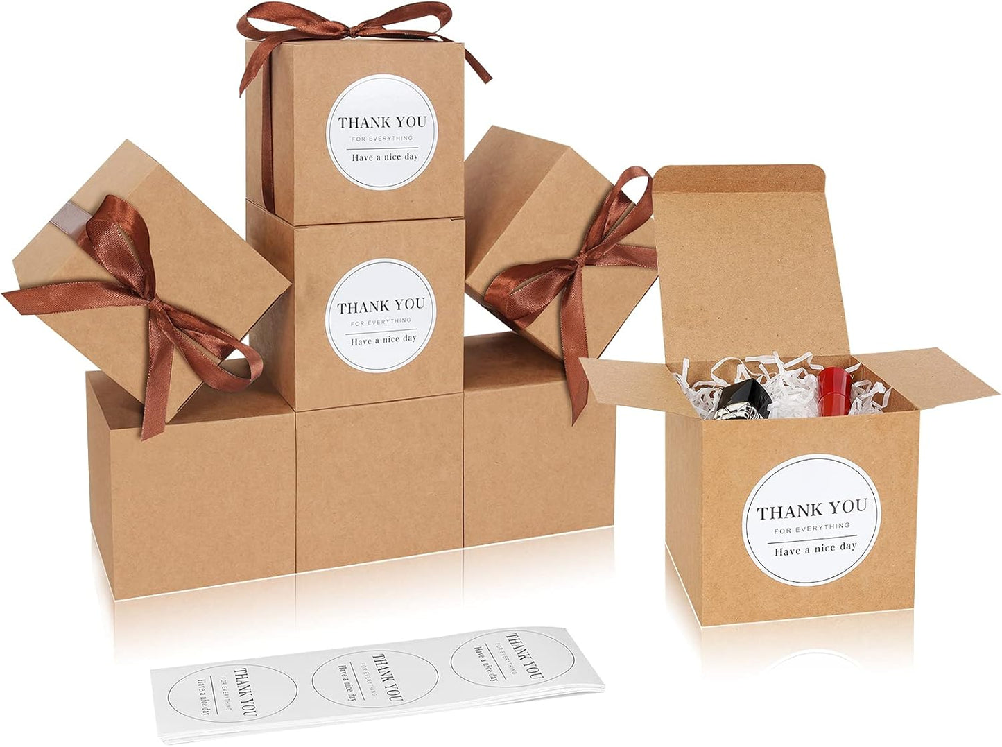 COTOPHER Small Gift Boxes 60 Pack 4x4x4 inches Brown Gift Boxes with Lids for Gifts, Crafting, Wedding Party Favor, Cupcake Boxes, Candy, Bridesmaids Proposal Box with Ribbons and Stickers (Brown, 60)