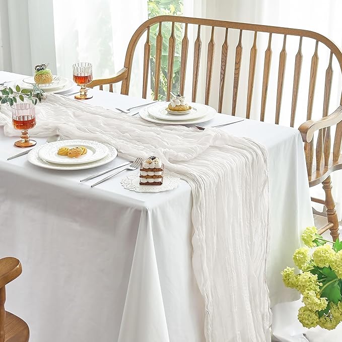IVAPUPU 4 Pcs Cheesecloth Table Runner - 10ft Ivory White Spring Boho Gauze Cheese Cloth Table Runners for Baby Shower Decoration Wedding Party Garden Farmhouse