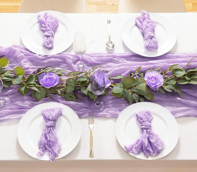 8 Pack 10Ft Table Runner 35x120 inch Purple Boho Gauze Table Cheese Cloth Long Wrinkled Sheer Table Runner for Wedding Bridal Shower Birthday Party Table Decor