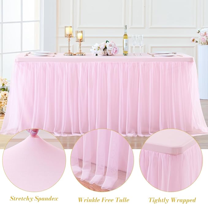 2 Pack Pink Table Cloth for 6 Foot Rectangle Tables, Pink Stretch Fitted Tulle Table Covers Skirt, Rectangular Ruffle Tutu Tablecloth Wedding Banquet Baby Shower Cake Tablecloths Decorations