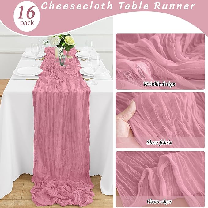 16Pack Dusty Rose Cheesecloth Table Runner 10FT Dusty Rose Gauze Table Runner 35x120Inch Long Boho Spring Easter Table Runners Rustic Sheer Table Runners for Wedding Party Table Decor