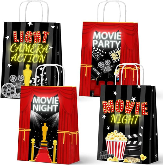 HaPiBiDesign Movie Night Party Favor Bags, 24 Pack Movie Goodie Bags with Handles, Movie Party Gift Bags, Movie Treat Bags for Kids Birthday Party, Hollywood Movie Party Supplies