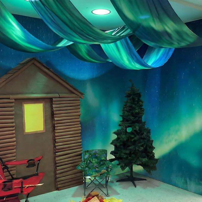 VioraWhite 3 Pcs Camping Classroom Banners Party Decorations DIY Camping Birthday Party Decorations 24 Inch x 12 ft Aurora Borealis Banners Ceiling Covers for Classroom Daycare Reading Nook Bonfire