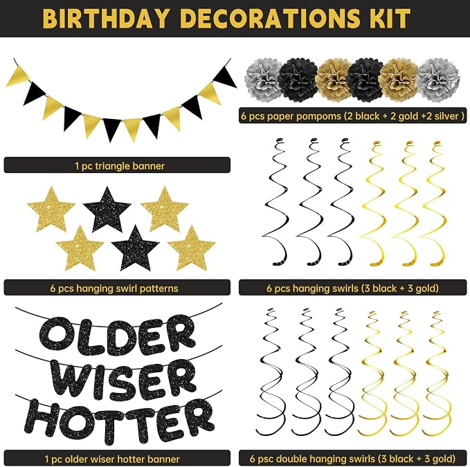 Turypaty Older Wiser Hotter Triangle Flag Birthday Banner Decorations Kit- Black Gold Glitter Birthday Decors for Men Women 30th 40th 50th 60th 70th 80th Paper Pompoms, Hanging Swirls Party Supplies