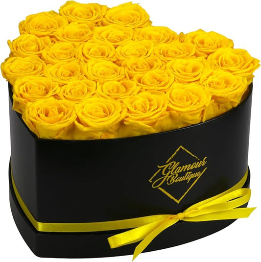 GLAMOUR BOUTIQUE 27 Flower Forever Heart Shape Box, Mothers Day Gift For Mom, Eternal Preserved Roses Gift for Her, Flowers bouquet, For Birthday, Anniversary, Girlfriend - Yellow (Color-Treated)