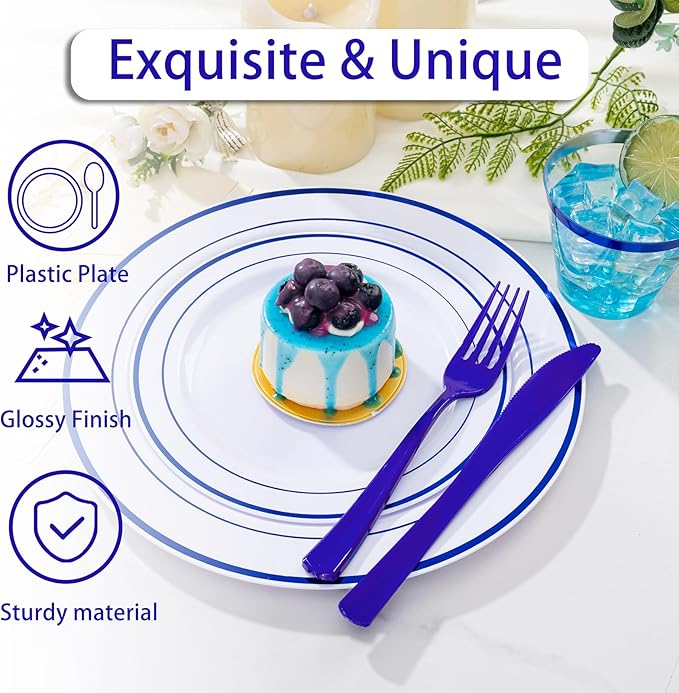 WELLIFE 350 Pieces Blue Plastic Plates - Disposable Silverware and Cups, Include: 50 Dinner Plates 10.25”, 50 Dessert Plates 7.5”, 50 Blue Cups 9 OZ, 50 Plastic Cutlery