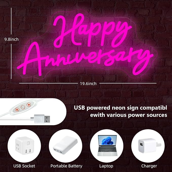 Happy Anniversary Led Neon Sign For Wedding Backdrop 19.6"X 9.8" Neon Lights for Bedroom,Living,Home Bar Valentine'S Day Wife Husband Parents Anniversary Decor (pink)