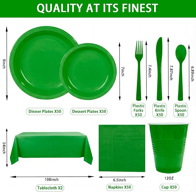352 Pcs Green Plastic Plates Party Set, 50 Guests Disposable Dinnerware Set with Green Tablecloths, Fresh Green Plastic Plates Party Set for Garden Party/BBQ/St. Patrick's Day/Eco-Theme Event