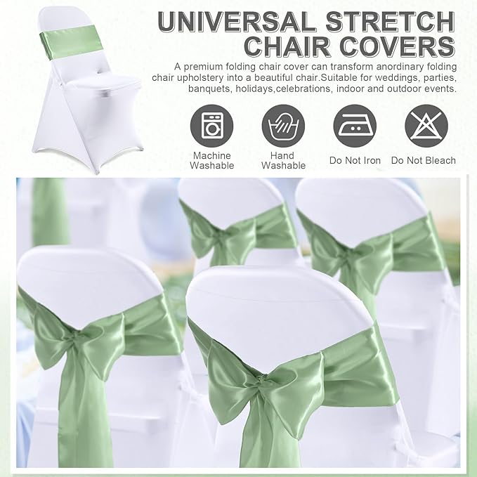 Lounsweer 50 Pcs Folding Chair Cover Set with 25 Stretch Spandex Slipcovers 25 Satin Chair Sashes Bows Ribbon Washable Banquet Protector for Wedding Event Party(White, Sage Green)