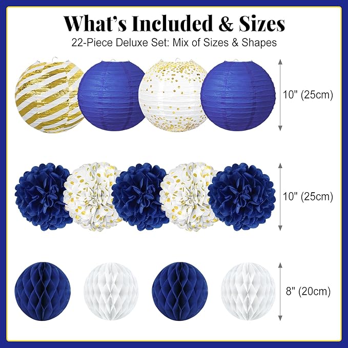 Blue and Gold Party Decorations - 22Pcs Hanging Navy Royal Blue White and Gold Paper Lanterns, Pom Poms, Fans & Honeycomb Balls for Graduation, Birthday, Retirement & Royal Theme Party Supplies