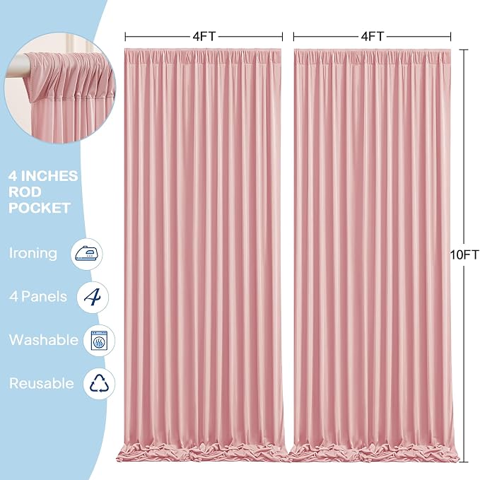 4 Panles Dusty Rose Backdrop Curtains - Wrinkle Free Fabric Backdrop Curtain for Photoshoot,10ft Wedding Party Photo Backdrop Drapes for Birthday Baby Shower Photography Stage Background Decorations