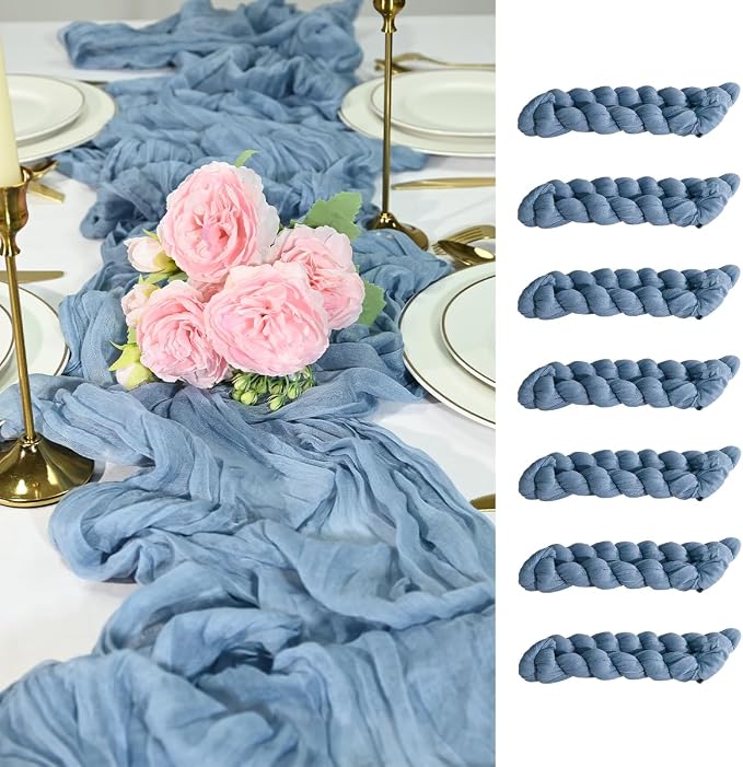 6 Pack Dusty Blue Cheesecloth Table Runners 35x120 Inch, Wide Pleated Boho Gauze Runner for Wedding Baby Shower Birthday Party, Semi-Sheer Rustic Table Decor