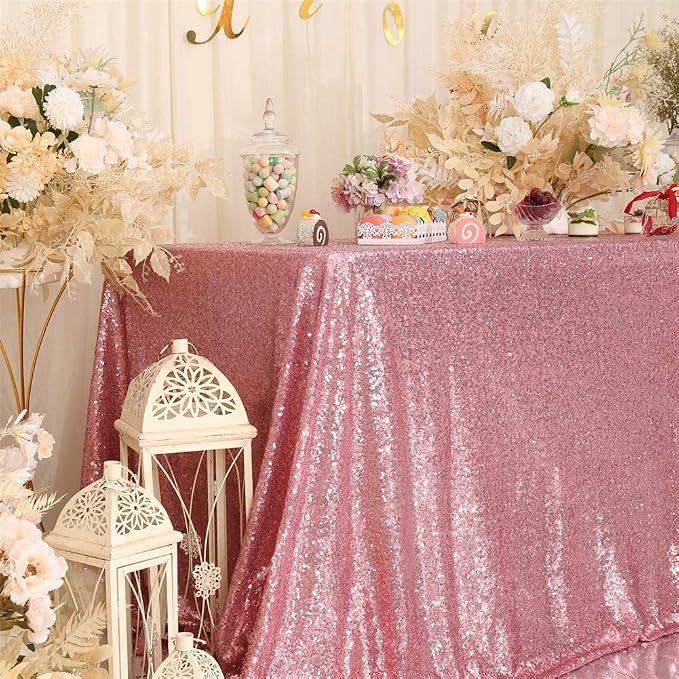 Eternal Beauty Fuchsia Pink Tablecloth, 90x132 Inch Sequin Rectangle Table Cover for Valentines Cake Dessert Exhibition Party Birthday Events