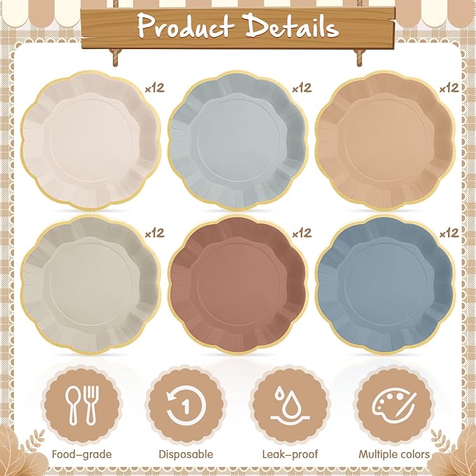72 Pcs Morandi Color Paper Plates 9 Inch Brown Blue Gradient Scalloped Paper Disposable Dinner Dessert Plates for Birthday Wedding Bridal Party Supplies, 6 Colors