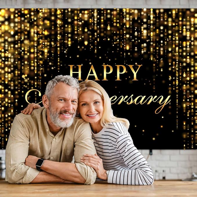 Sensfun Happy Anniversary Backdrop Banner Black Gold Glitter Cheers to Marriage Wedding Party Decorations Shining Flowing Curtain We Still Do Anniversary Sign Photography Background 10x6.5ft