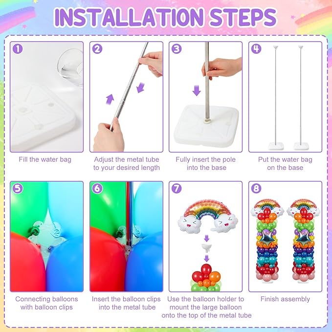 Skylety 2 Sets Rainbow Balloon Column Stand Kit Adjustable Colorful Balloon Stand with Bases for Birthday Wedding Anniversary Graduation Party Baby Shower Decorations Supplies