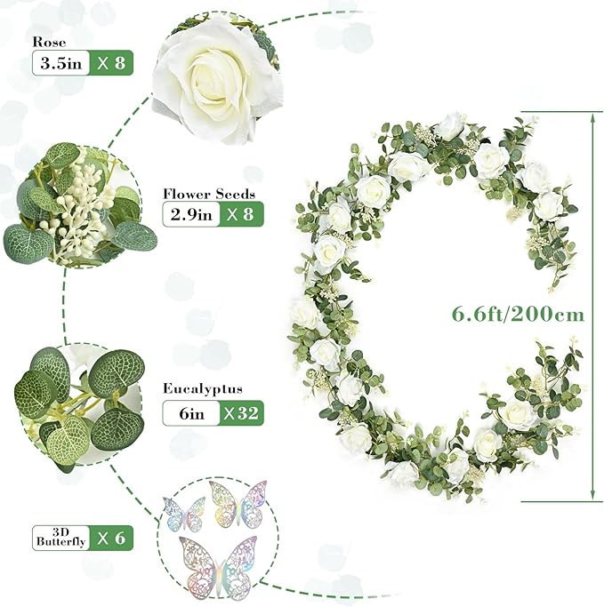 Yastouay 2 Pcs 13.1 Ft White Flower Garland With Butterfly, Artificial Eucalyptus With Flowers, Fake Rose Vine for Table Centerpiece, Wedding Arch, Baby Shower Party, Room Backdrop Decor