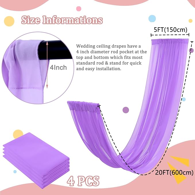FOTSHARER Ceiling Drapes for Weddings 5x20FT 4 Panels Lavender Wedding Ceiling Drapes Arch Draping Fabric Chiffon Ceiling Drapes Sheer Fabric Wedding Ceiling Curtain Drape for Weddings Ceremony