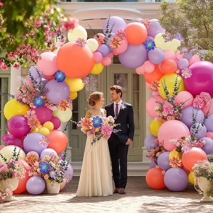 Hot Pink Purple Balloon Arch Double Stuffed Balloons with Artificial Flowers Eucalyptus Leaves Pastel Yellow Peach Magenta Latex Garland for Wildflower Birthday Baby Shower Wedding Floral Party Decor