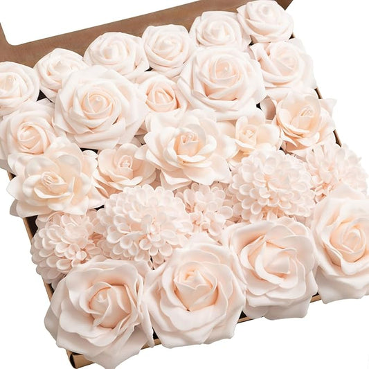 Ling's moment Artificial Flowers Fake Dahlia Faux Gardenia Foam Roses Combo for DIY Wedding Bouquets Centerpieces Arrangement Bridal Shower Party Home Decoration, Powder Pink, 25pcs