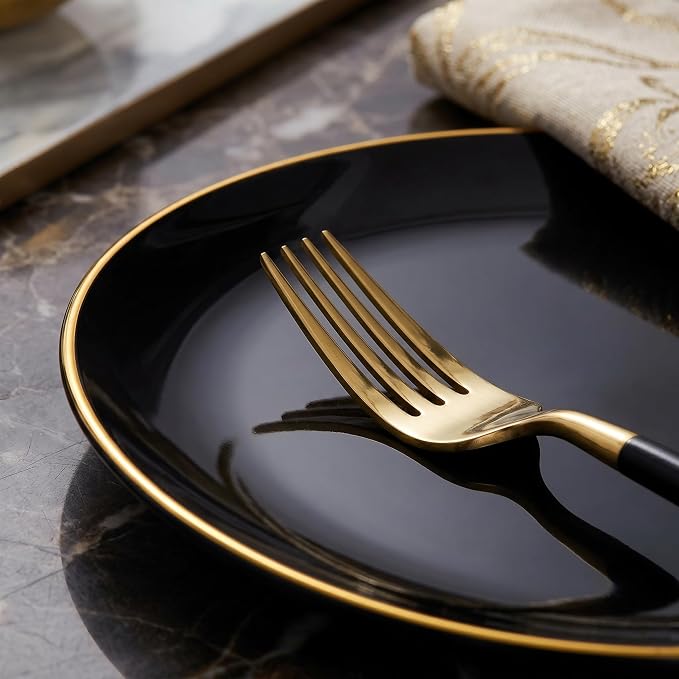 I00000 144Pcs Black and Gold Dessert Plate Set, Including 72Pcs Black and Gold Plastic Plates 7.5" and 72Pcs Disposable forks 8.5", Fancy Salad Plates with Gold Rim for Thanksgiving and Party