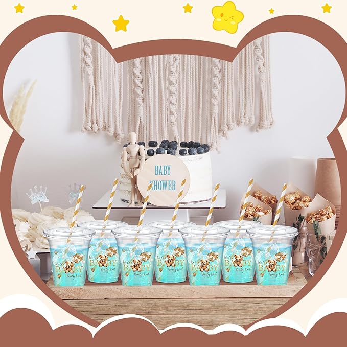 FoldTier 60 Set Baby Shower Party Plastic Cups Bulk 14 oz Disposable Clear Cups with Lids and Paper Straws for Baby Shower Bear Birthday Party Supplies Favor Decorations