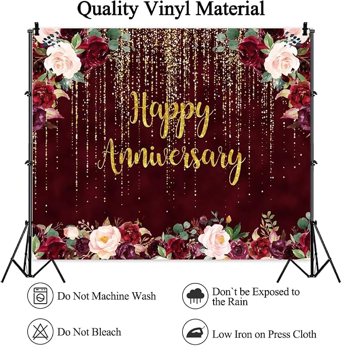 Happy Anniversary Decorations Backdrop Happy Anniversary Banner 10x8ft Gold Burgundy Wedding Commemorative Day Photography Background Couple Party Supplies Cake Table Decor