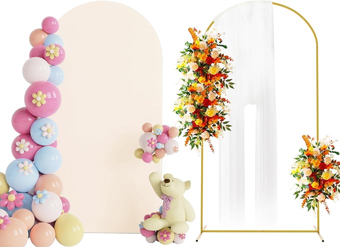 Putros Arch Backdrop Stand and Cover Set, 6.6ft, Gold Arch Stand with Beige Cover, Metal Arched Background Frame for Wedding, Birthday Party, Baby Shower, Photography Decoration