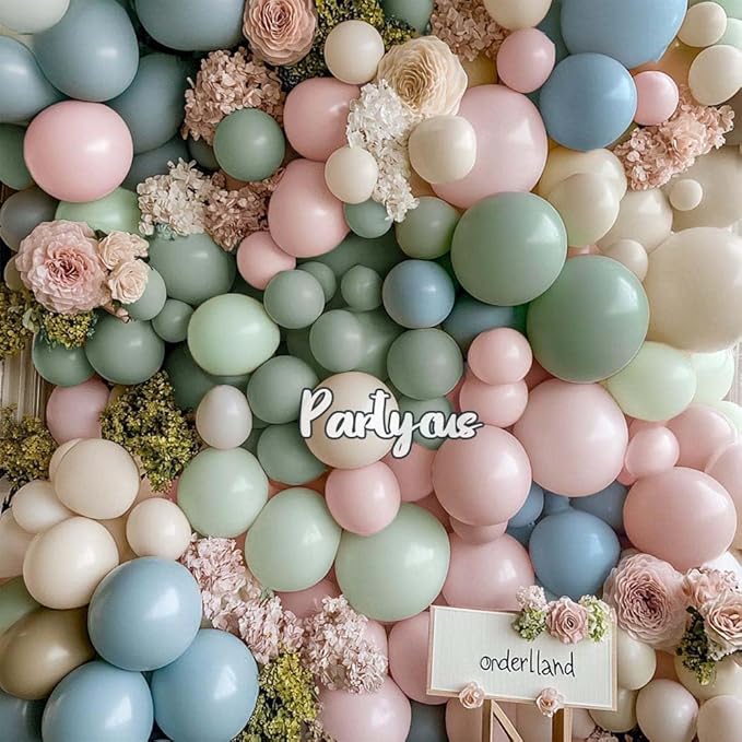 Dusty Green Pink Blue Balloon Arch Double Stuffed Pastel Pink Dusty Blue Light Sage Green White Latex Balloon Garland Kit for Boho Baby Shower Birthday Gender Reveal Tea Valentine Party Decoration