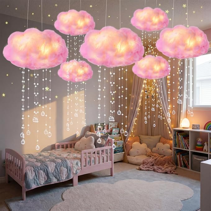 Marsui Artificial Cloud Props LED Hanging Pink Light String Fake Imitation 3D Cotton Cloud Classroom School Decor Raindrop for Room Ceiling Baby Shower Party Wedding Nursery Wall DIY Decor(2 Pcs)