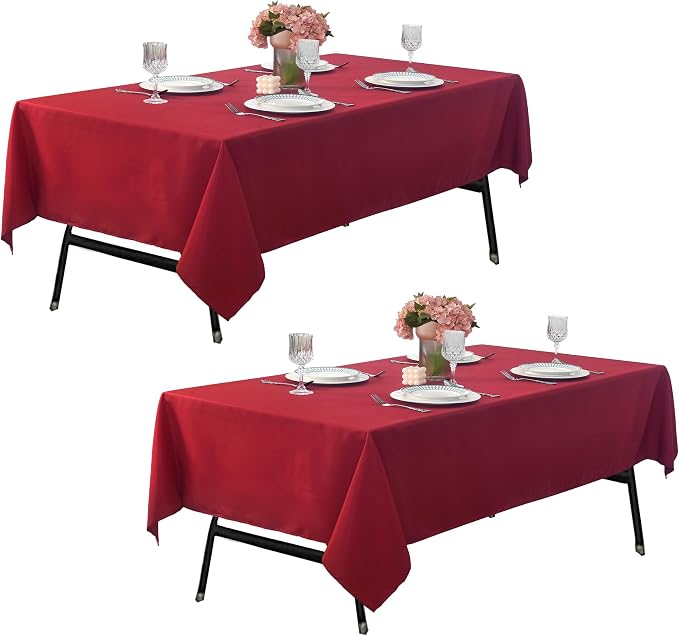 2-Pack 60x144 inch Burgundy Table Cloths, Solid Stain and Wrinkle Resistant Oblong Tablecloth, Premium Plain Weave Polyester Fabric Rectangle Table Linen Covers for Hotel, Banquet