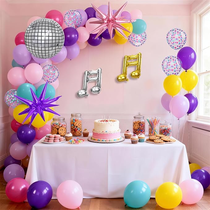 KPOP Music Theme Balloon Garland Arch Kit, 119Pcs Rainbow Colorful Balloon & Retro Disco Ball Musical Note Explosion Star Foil Balloons for K-Pop Party 90s 80s Disco Hip Hop Birthday Decor Supplies