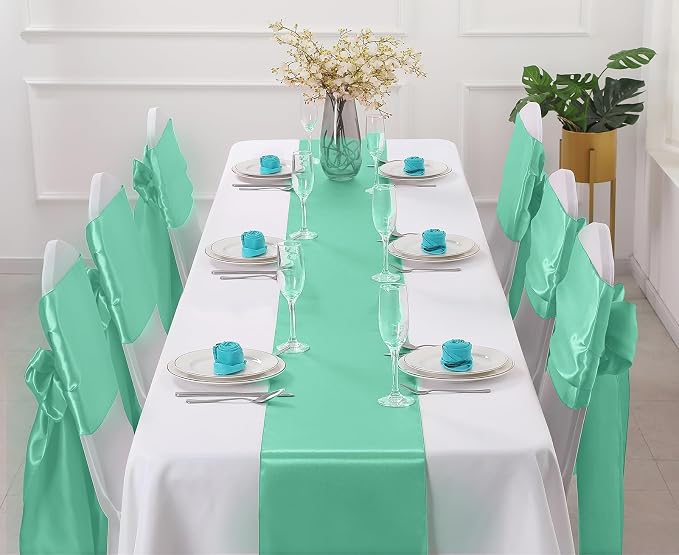 Horbaunal 12 Pack Aqua Satin Table Runner 12 x 108 Inch, Smooth Table Runners for Wedding Banquets Birthday Party