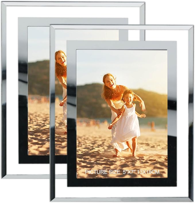 HIKWADERY 5x7 Picture Frames Silver - Set of 2, HD Real Glass 5 by 7 Photo Frame Mirrored Edge for Tabletop Display, Wedding Birthday Mothers Day Gifts (5 x 7, Silver)