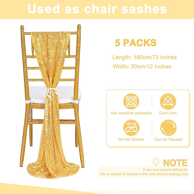 Sequin Table Runners 5 Pieces Gold Table Runners 12x72 Inch Glitter Dining Table Cover for Party Wedding Birthday Reception Banquet Decoration Spring Party Chair Sashes