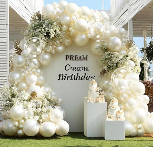 Pearl Ivory White Balloon Arch Double Stuffed Pastel White Ivory Cream Beige Balloon Garland Kit Different Sizes With Clear Balloons for Birthday Wedding Bridal Baby Shower Mothers Day Party Decor